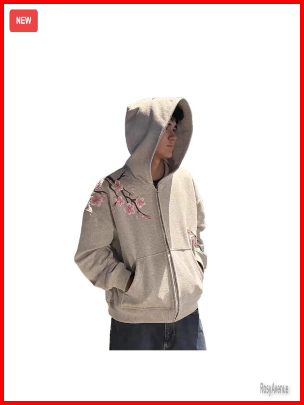 Oversized Embroidered Hoodie Zip Up Fleece Lined Streetwear Sweatshirt